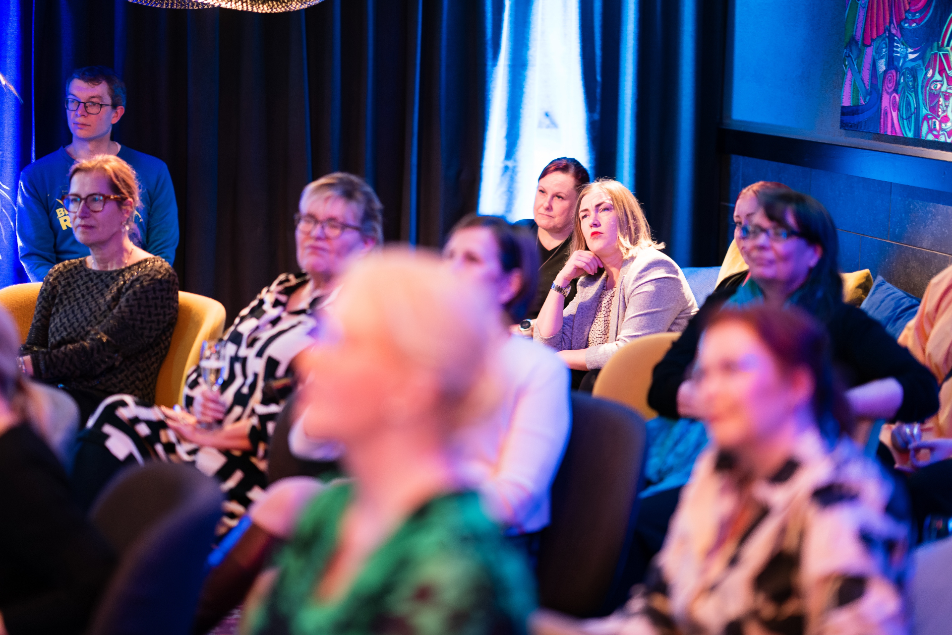 People gathering and talking during the SwarmMind launch evening