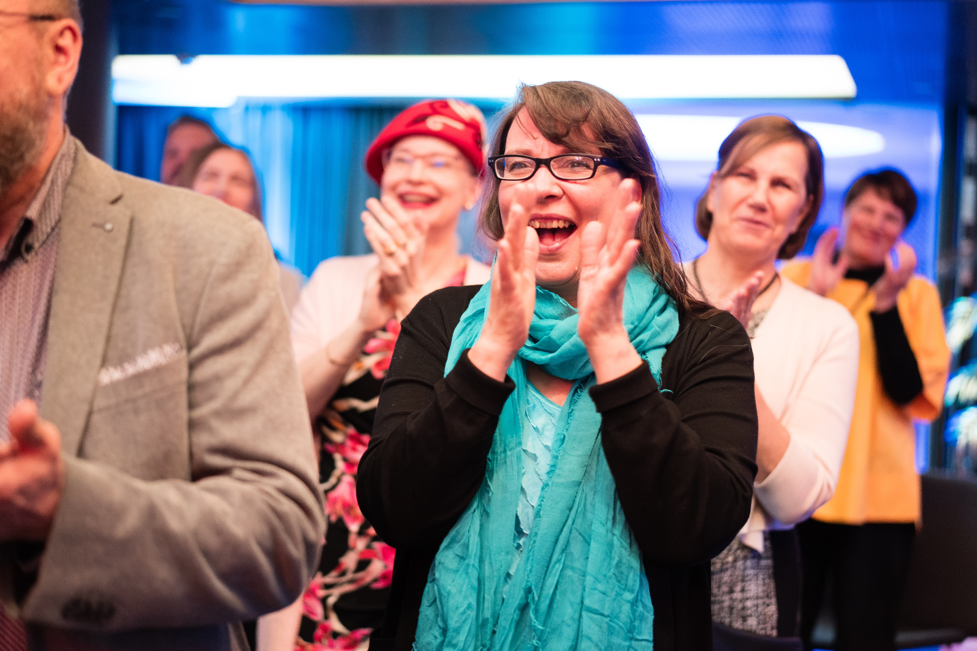 A wide scene from the SwarmMind launch celebration